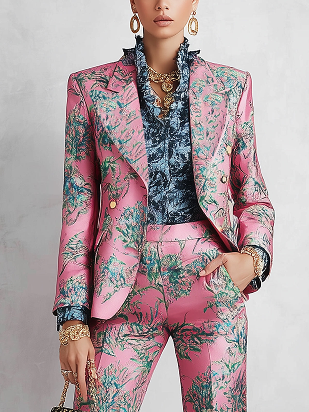 Pink Botanical Print Blazer And Flared Pants Suit