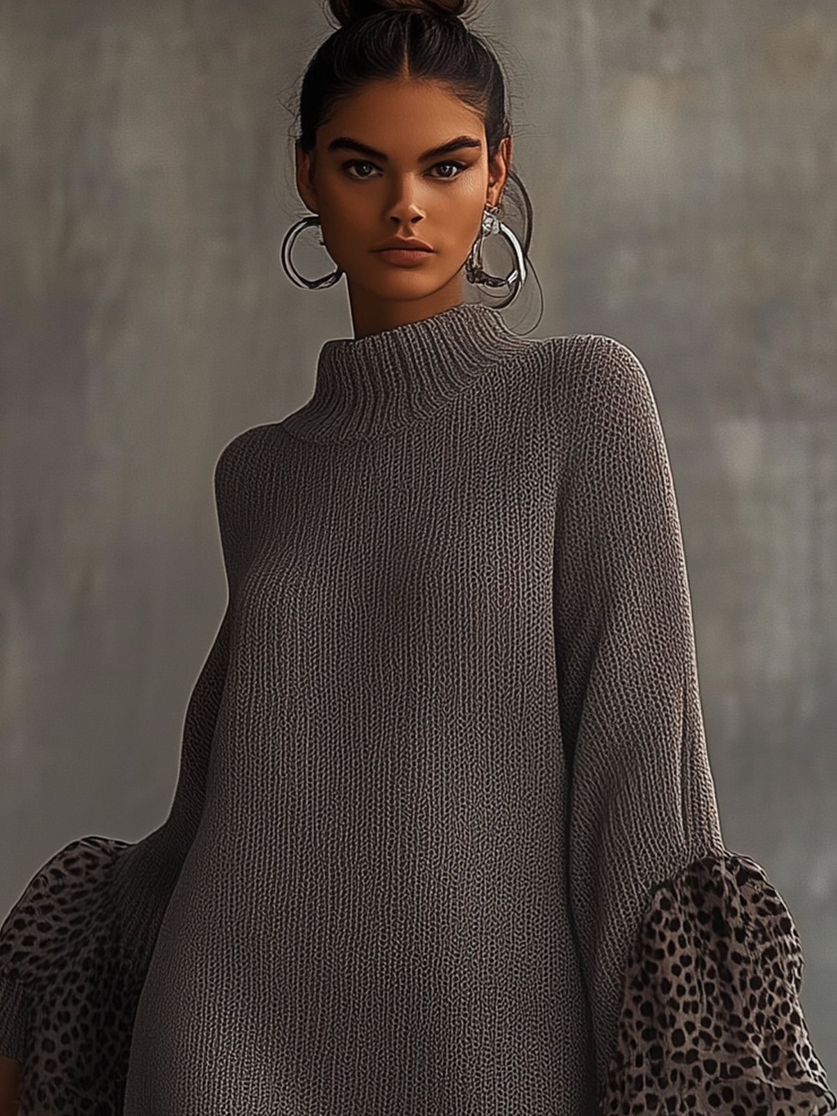 Knitted Midi Dress With Leopard Print Chiffon Ruffled Hem