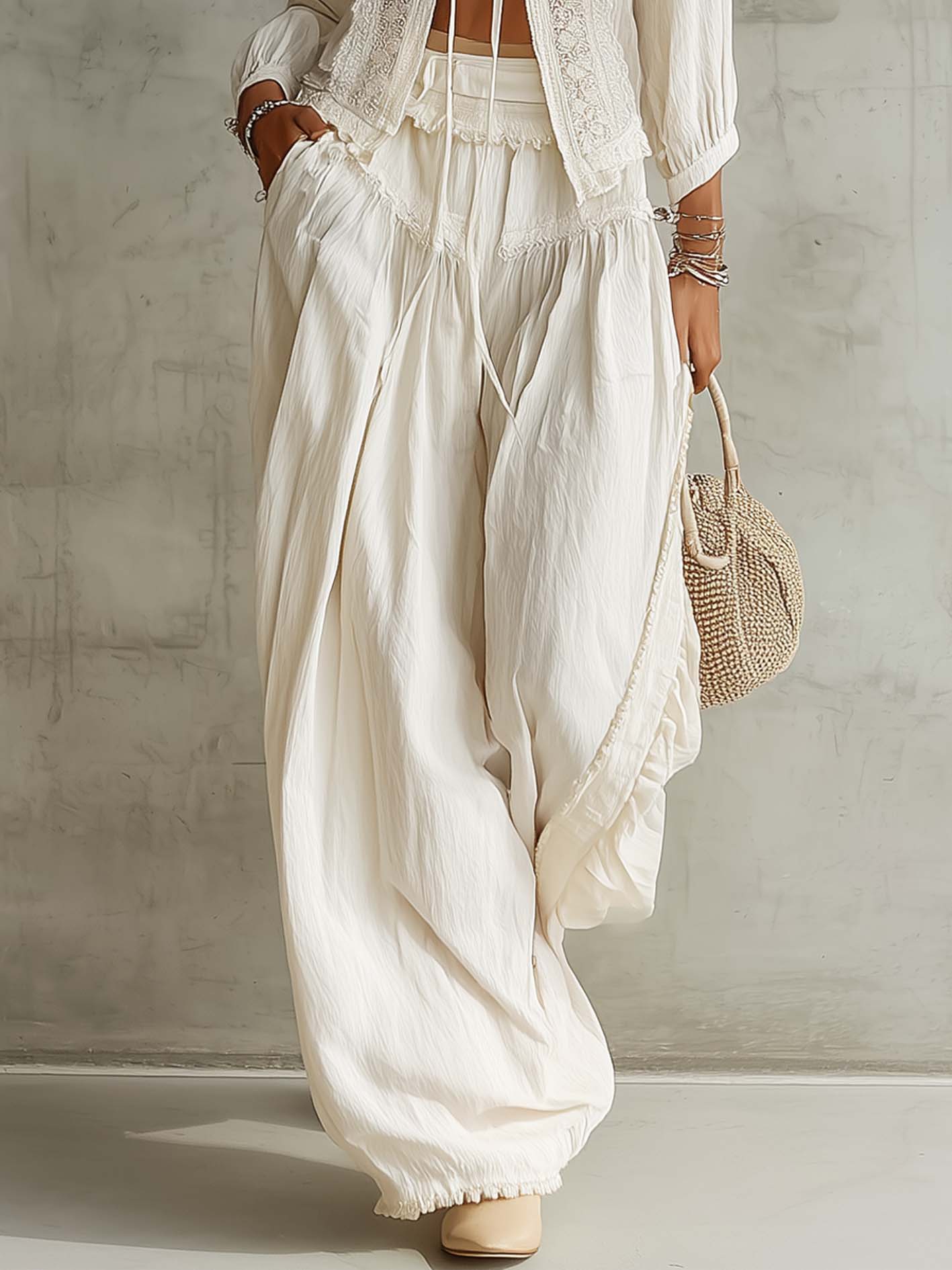 White Lace Patchwork Cotton Linen Two-Piece Set