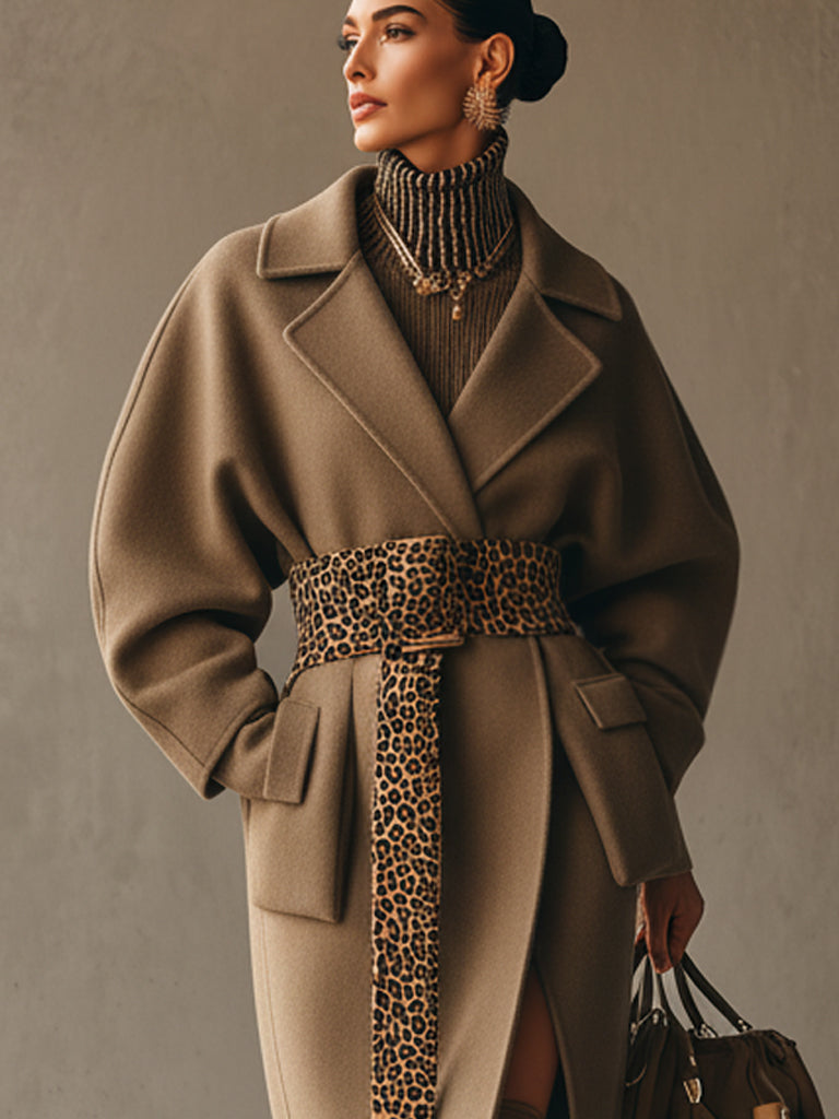 Camel  Coat With Leopard Print Waist Belt