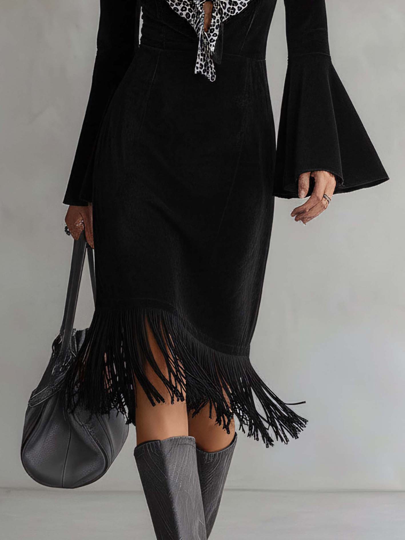 Black Velvet Leopard Patchwork Fringe Bodycon Dress