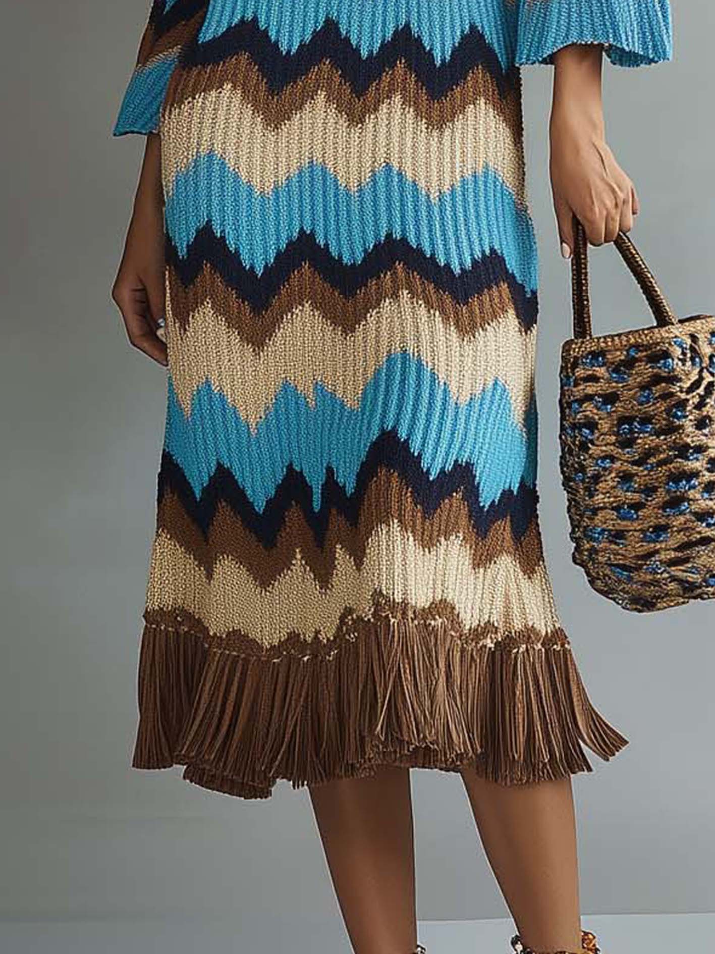 Blue Knitted Midi Dress With Tassels And Zigzag Lines