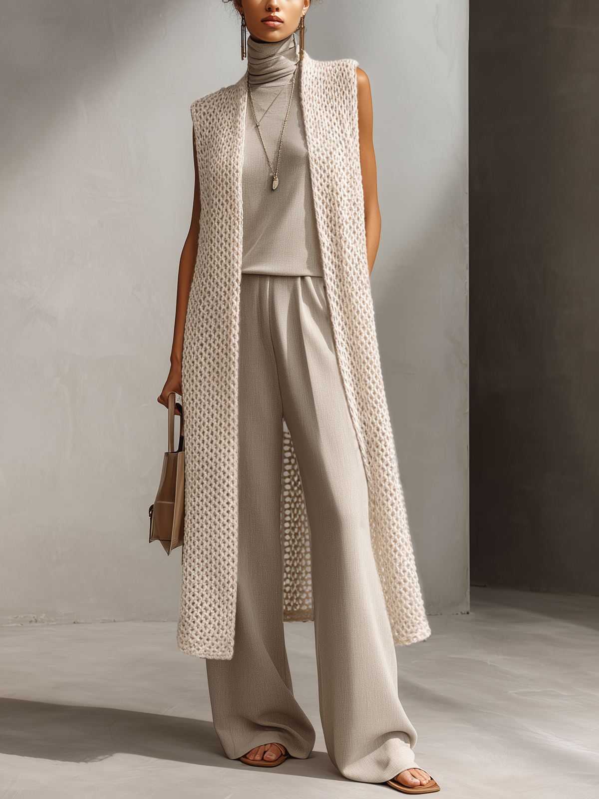 Taupe Knit-Texture Three-Piece Set – Turtleneck Top, Wide-Leg Pants & Long Vest