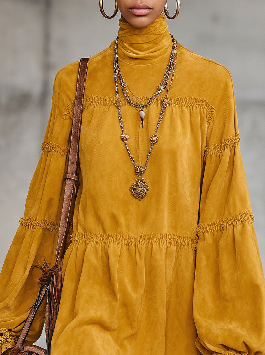 Yellow Faux Suede Mini Dress With Lace Trim And Voluminous Sleeves