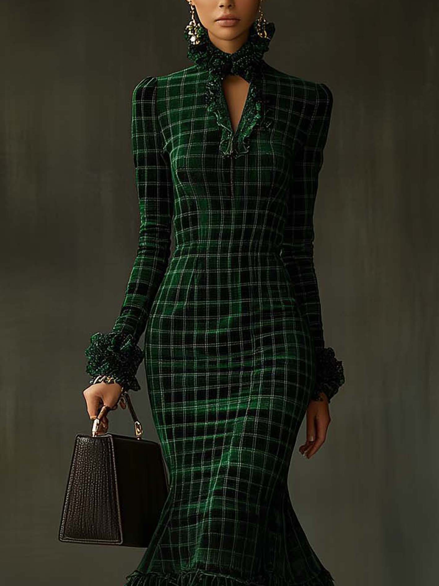 Green Velvet Maxi Dress With Plaid Patchwork Ruffles