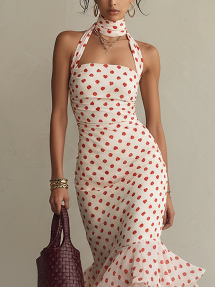 Cream Polka Dot Halter Fishtail Sleeveless Maxi Dress