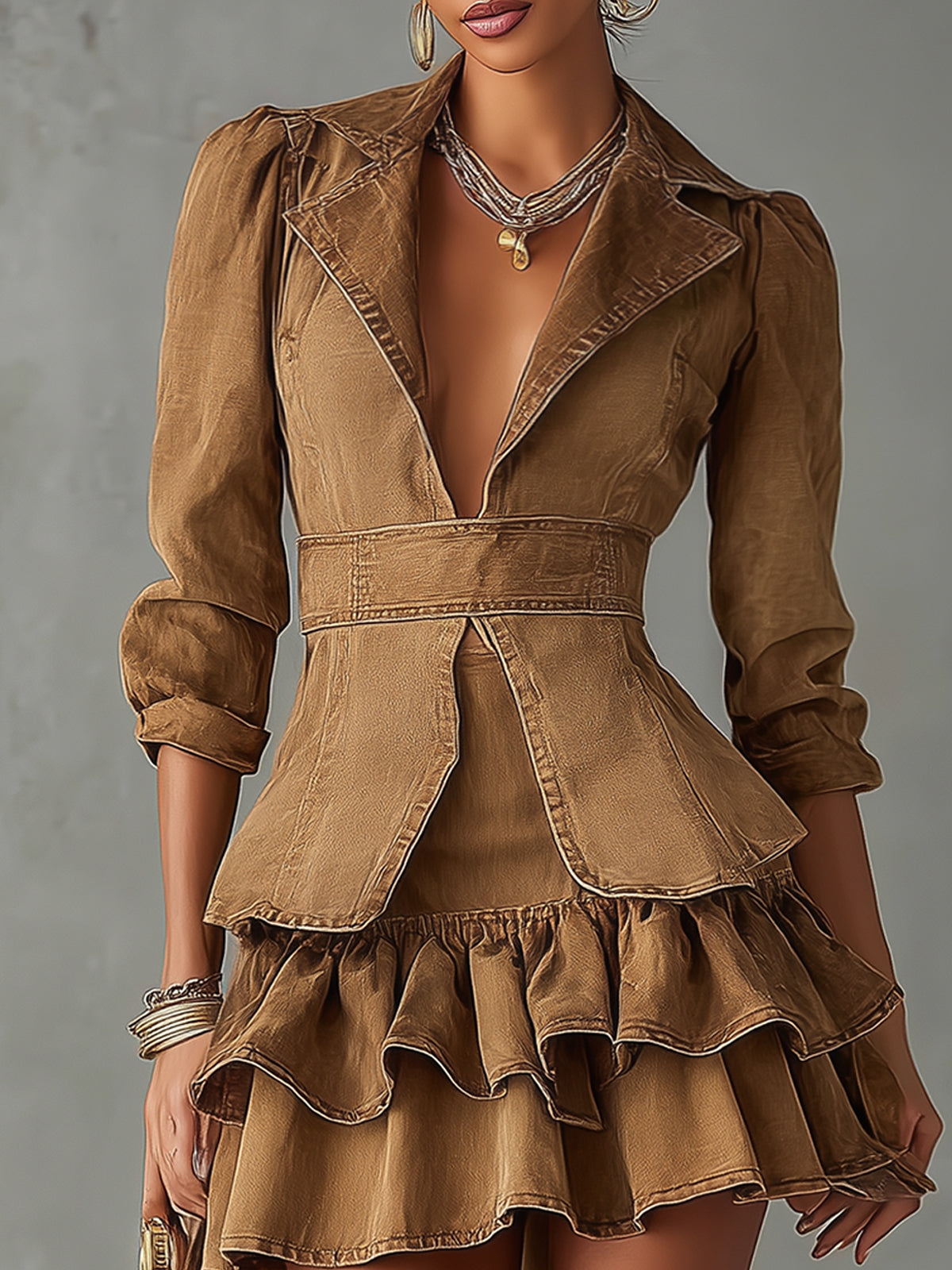 Vintage Brown Ruffled Mid Sleeve Denim Mini Dress