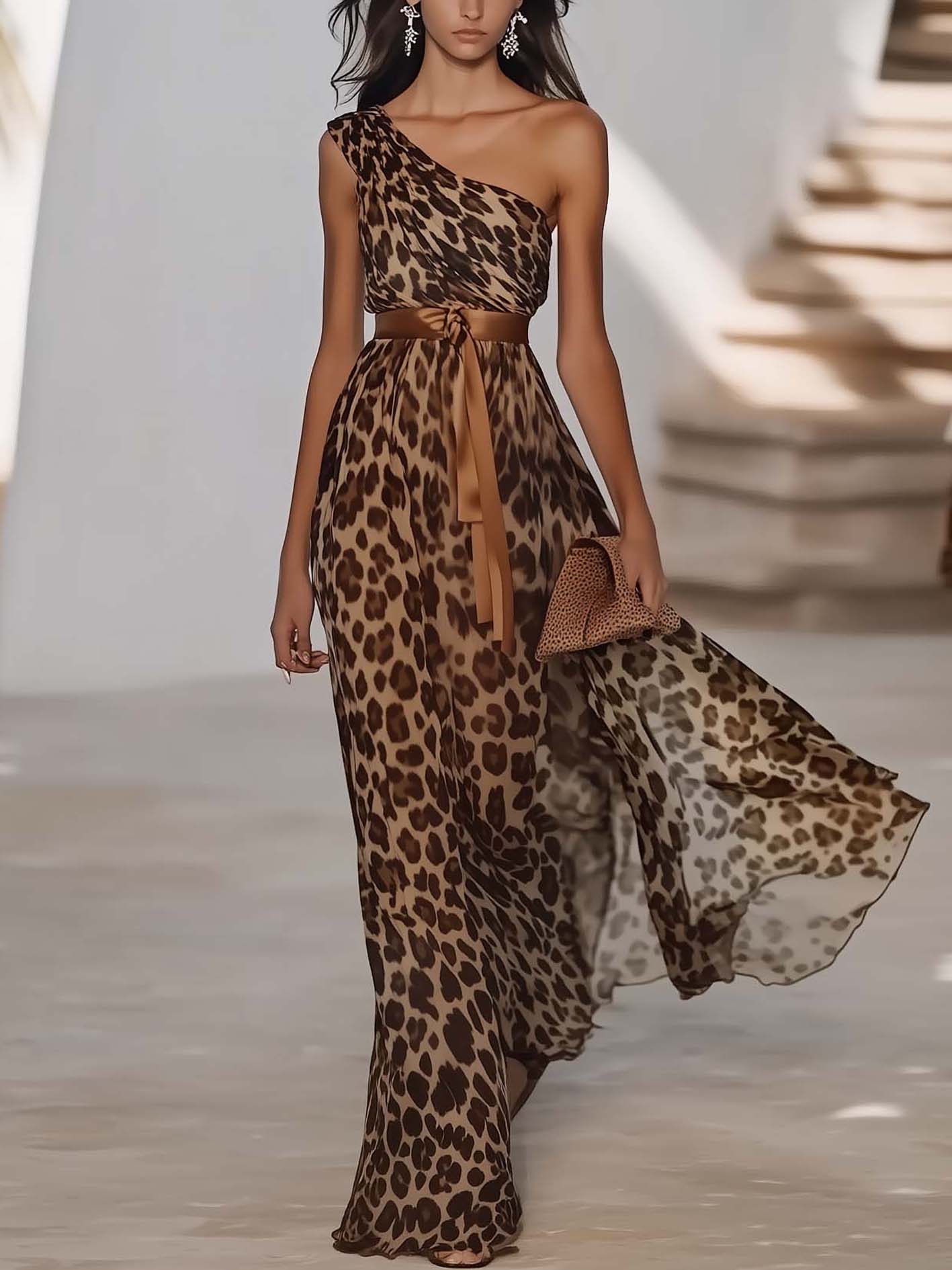 One Shoulder Leopard Chiffon Maxi Dress With Side Slits