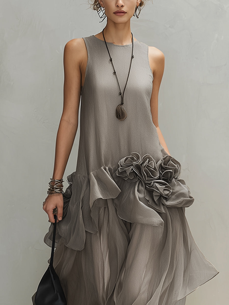 Gray Sleeveless Layered Maxi Dress With Dimensional Floral Accents