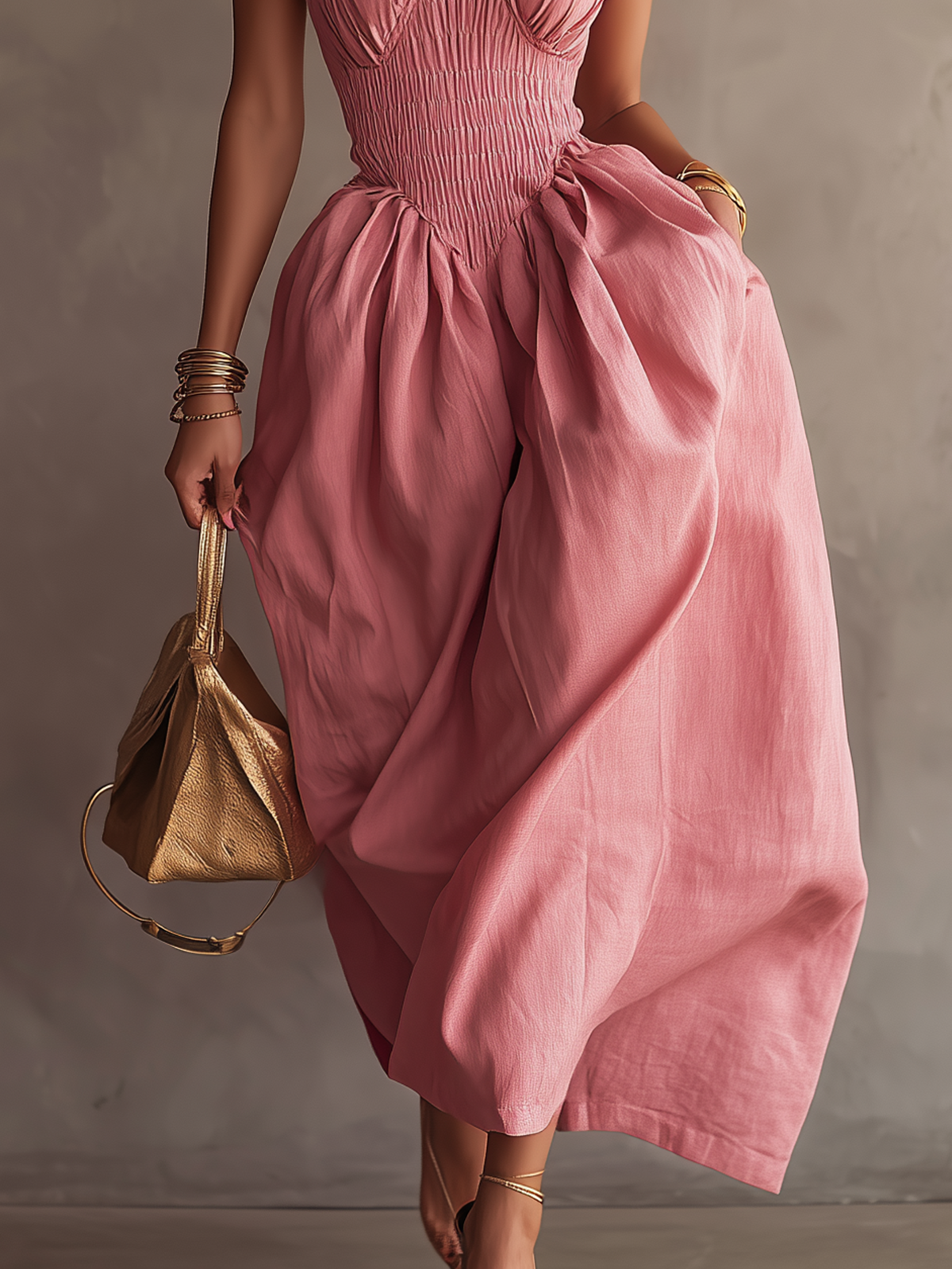 Pink Rose Ruched Corset Linen Maxi Dress