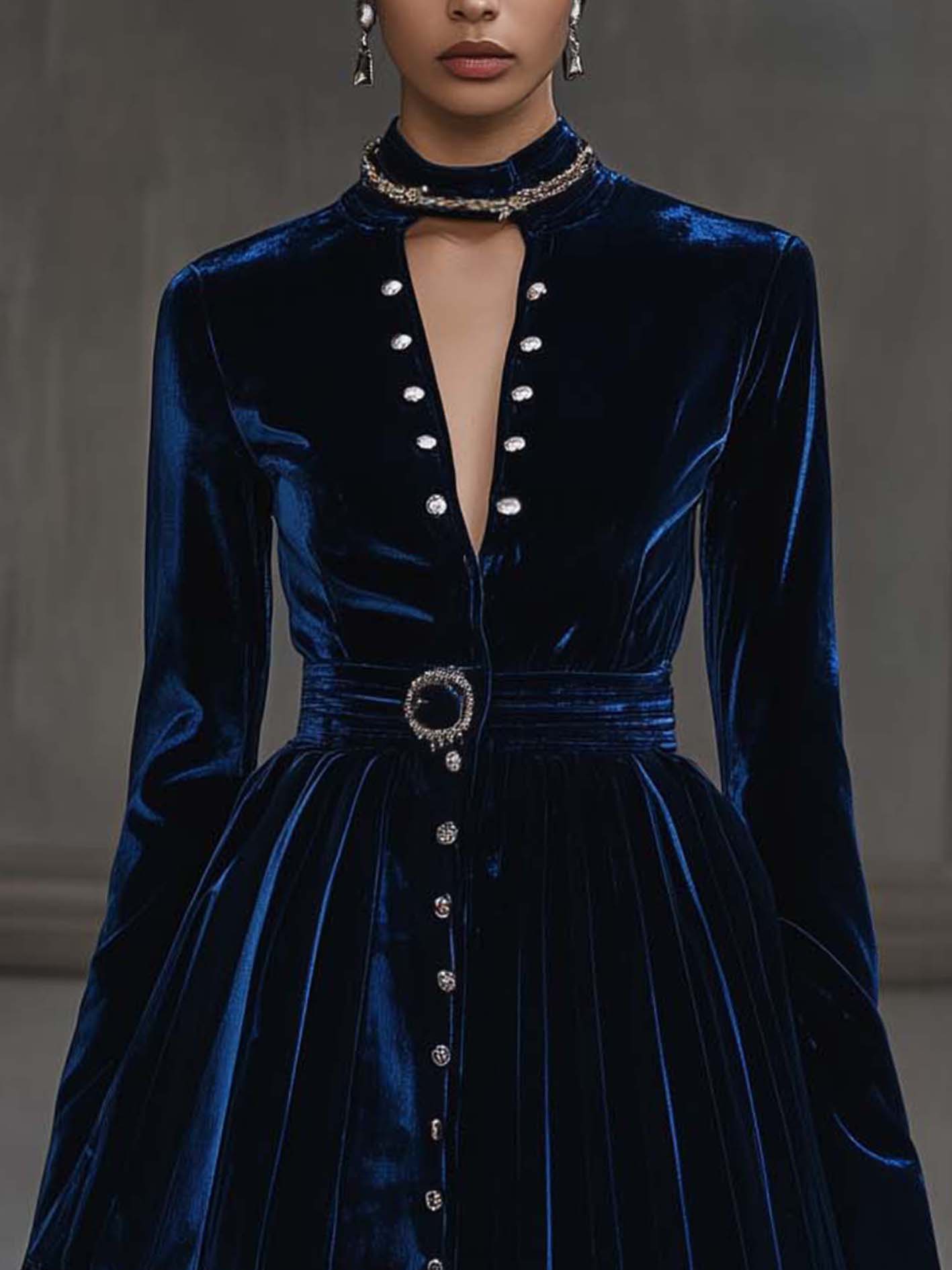 Navy Velvet Mini Dress With Web Collar And Silver Buttons