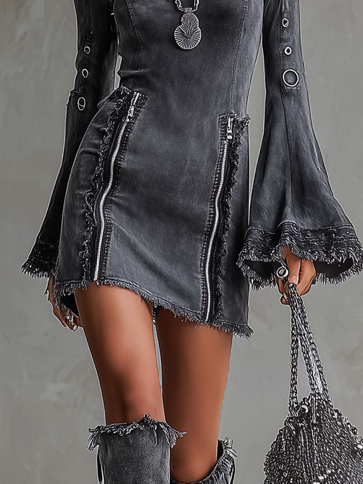 Grey Denim Brushed Bell Sleeve Zipper Mini Dress