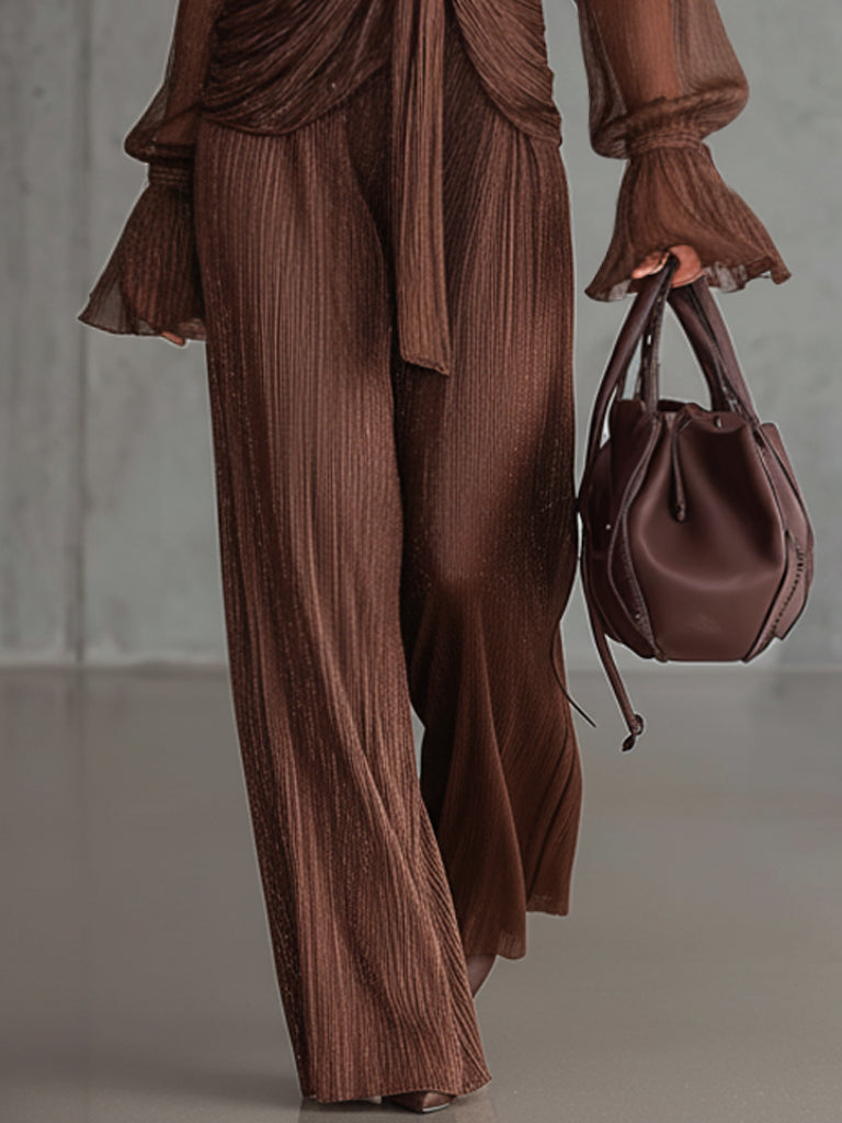 Coffee Ruched Shimmer Tie Front Top And Wide Leg Pants Set