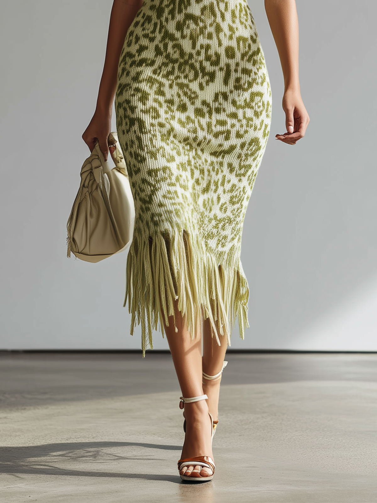 Olive Leopard Knit Fringe Hem Midi Dress