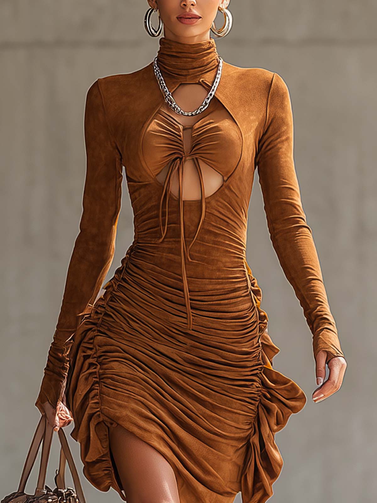 Brown Faux Suede Openwork High Neck Ruffled Drawstring Mini Dress