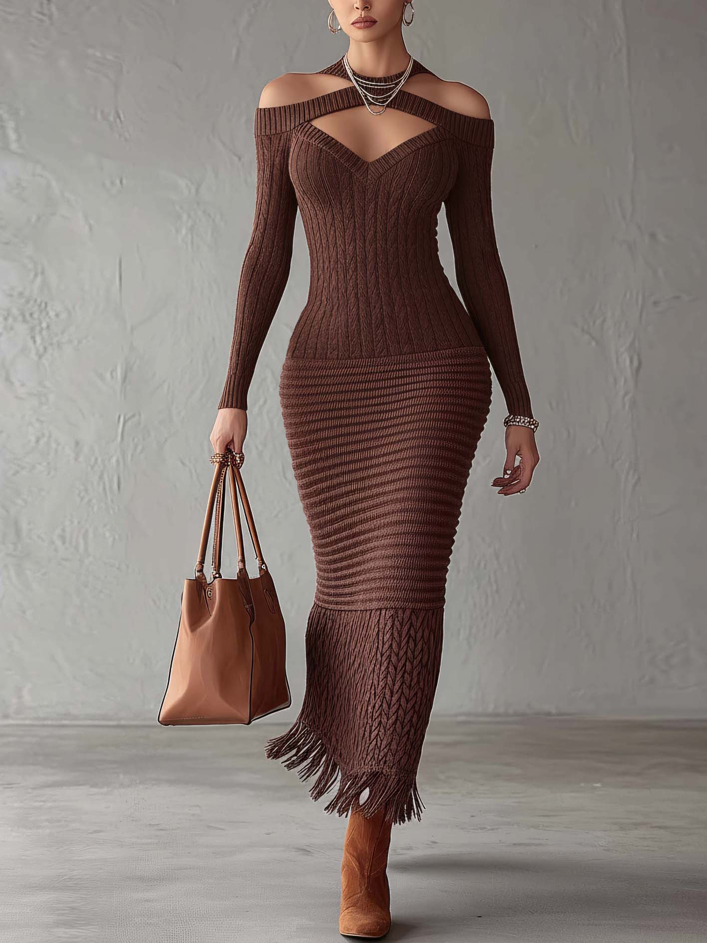 Brown Hollow Out Textured Knit Bodycon Maxi Dress