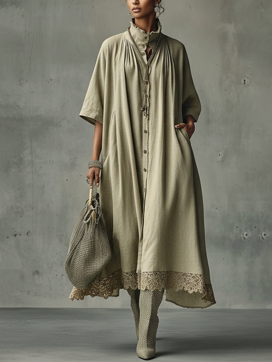 Sage Green Cotton Linen Pleated Lace Maxi Dress