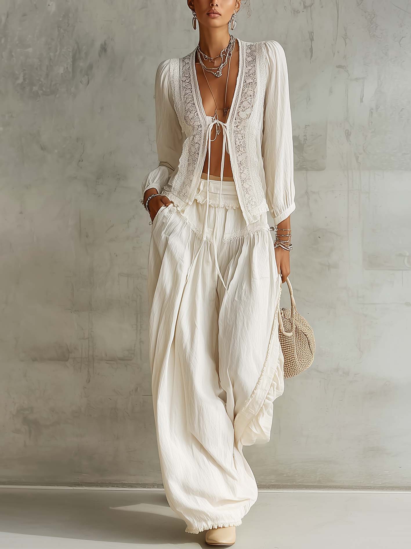 White Lace Patchwork Cotton Linen Two-Piece Set