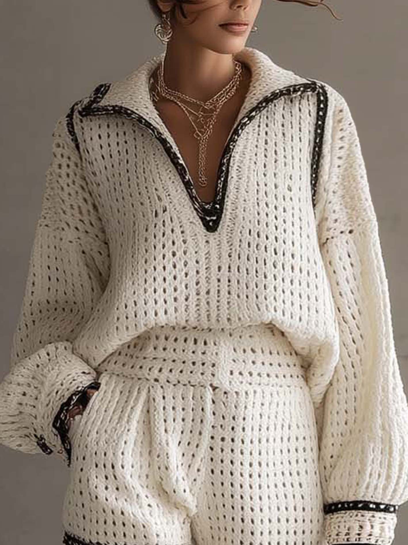 White Knit Textured Sweater Top And High-Waist Shorts With Black Trim Set
