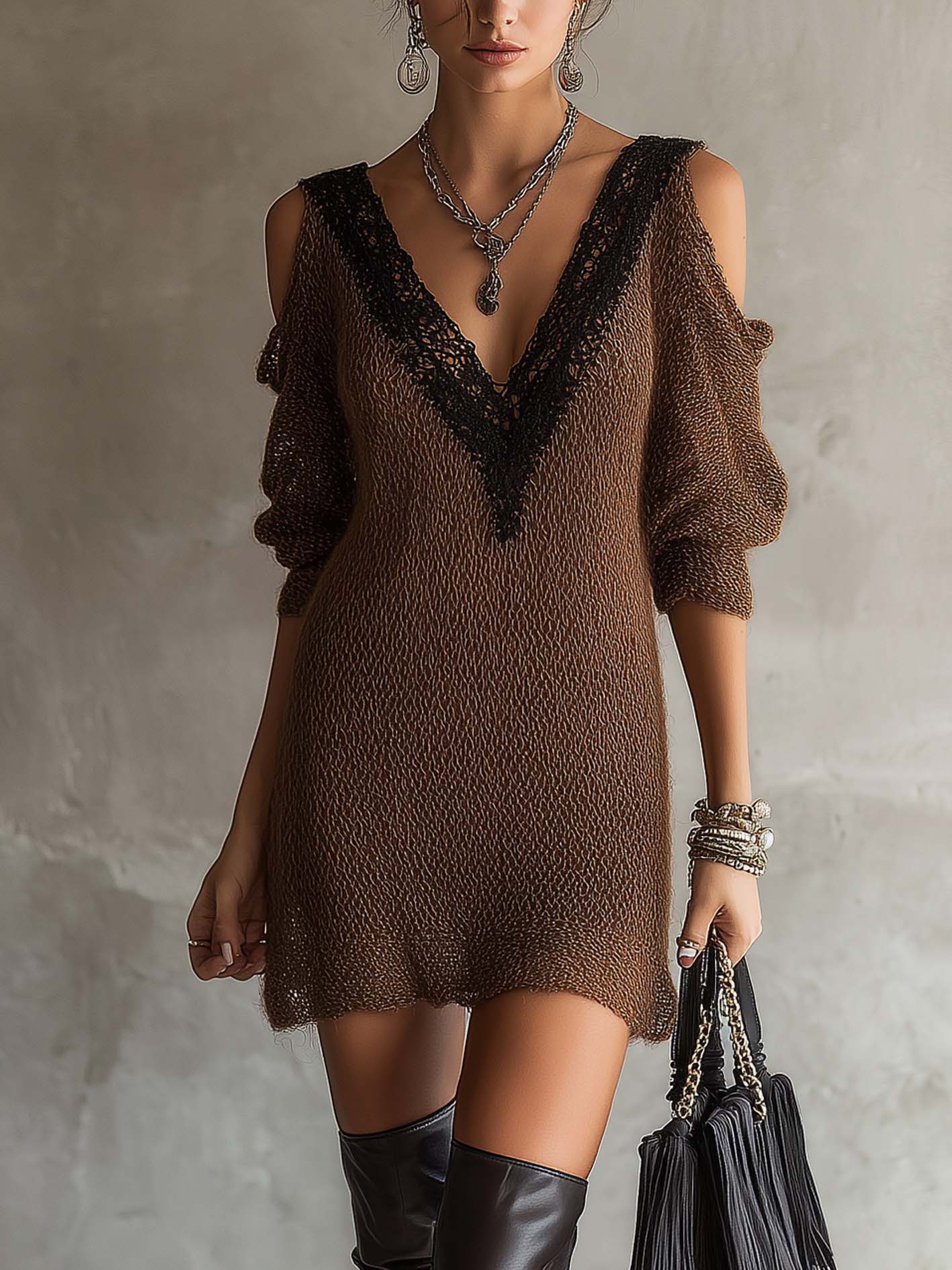 Brown Knit Cold Shoulder Lace Patchwork Mini Dress