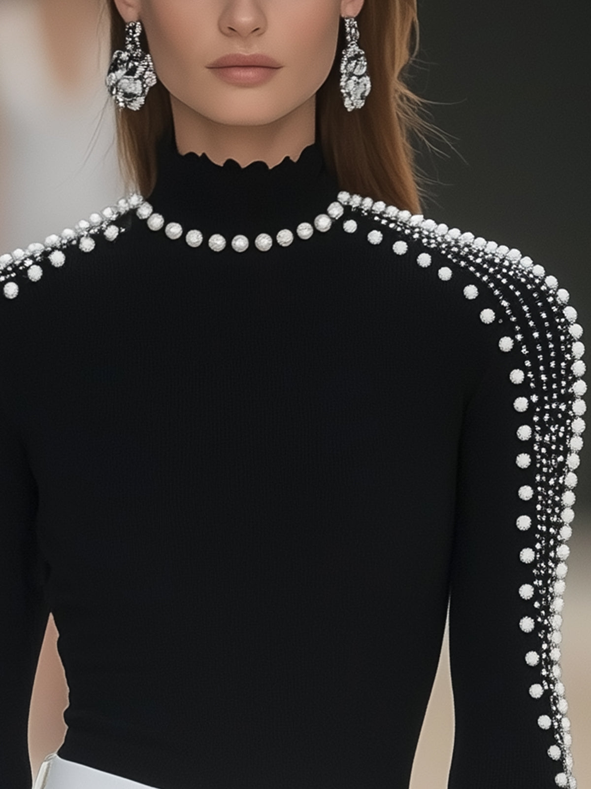 Black T-shirt With Pearl And Rhinestone Embellishments
