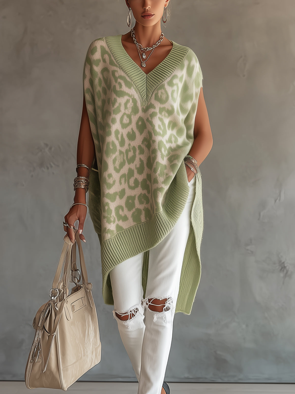 Green Leopard Knit Poncho Sweater With V-Neck And Ribbed Hem