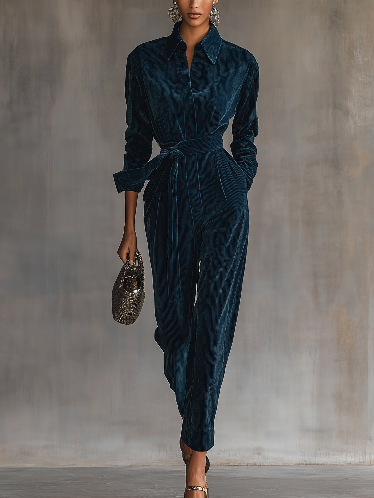 Blue Teal Corduroy Belted Jumpsuit