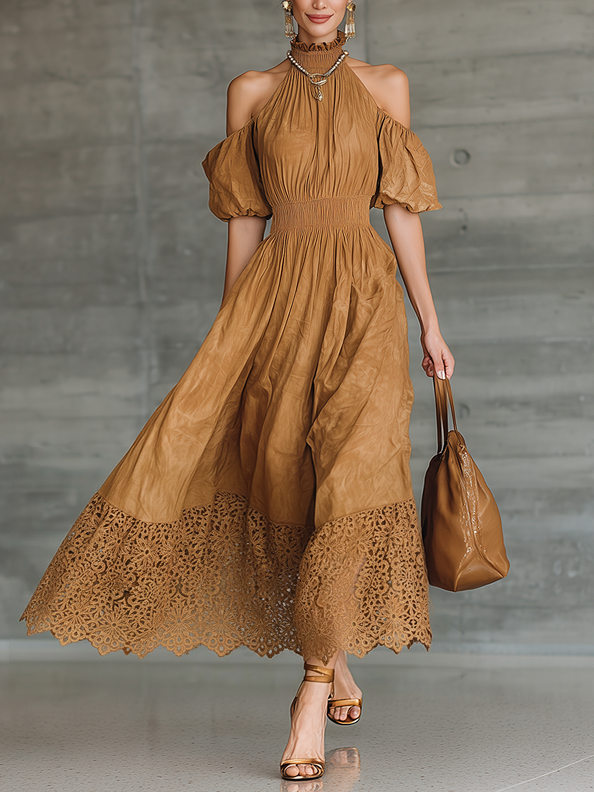 Brown Halter Neck Cold Shoulder Maxi Dress With Lace Hem