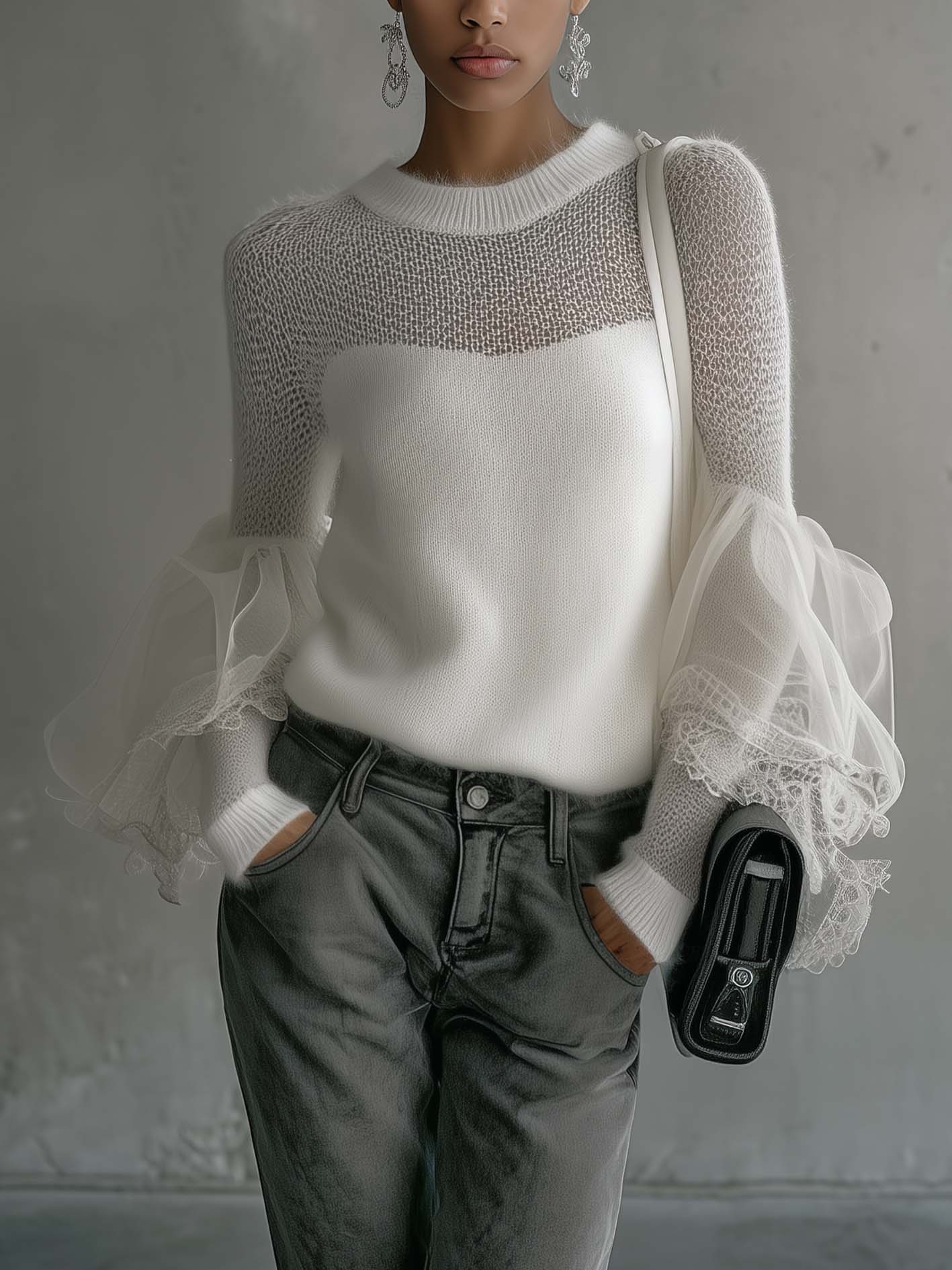 White Sheer Mesh Patchwork Sweater