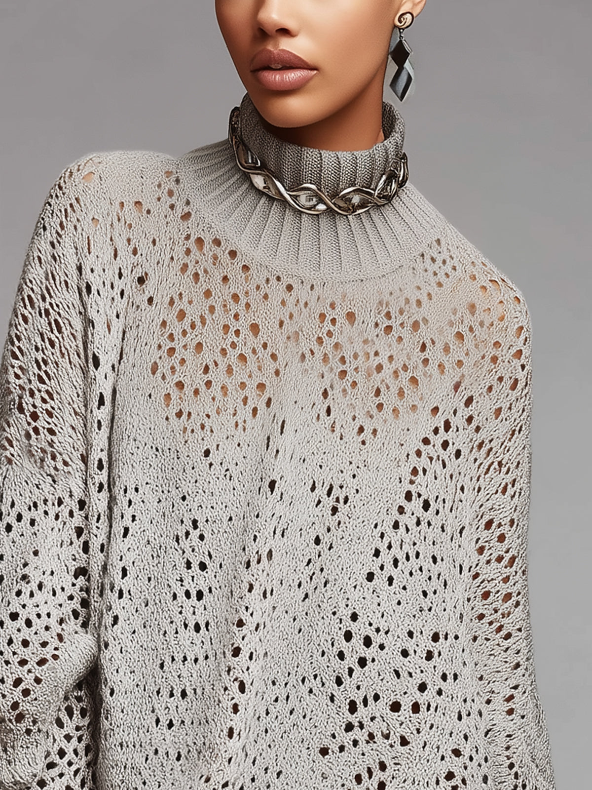 Light Gray Open-Knit Turtleneck Sweater With Oversized Fit And Ribbed Edges