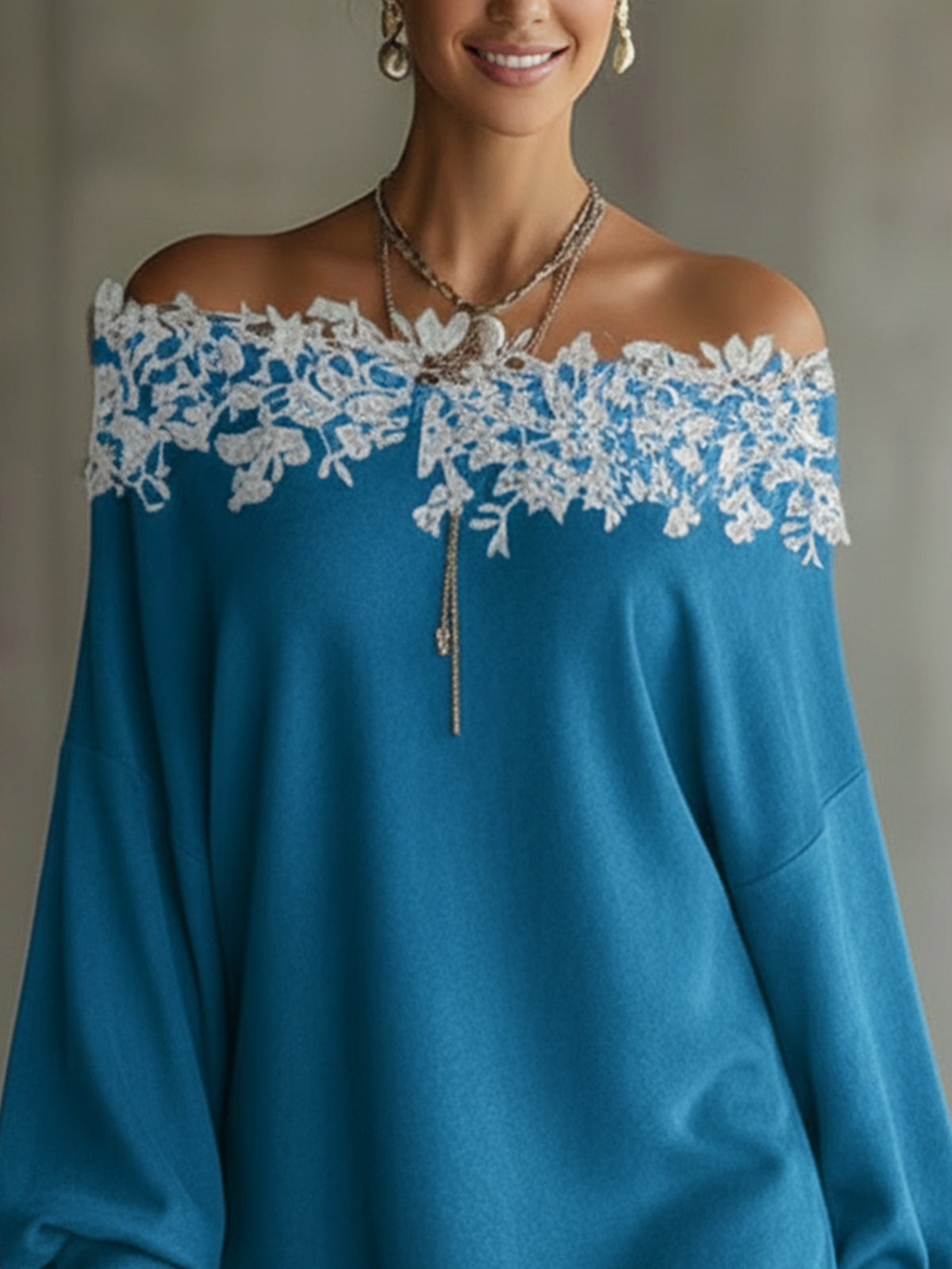 Blue Off-Shoulder Faux Suede Mini Dress With White Floral Lace Trim And Long Sleeves