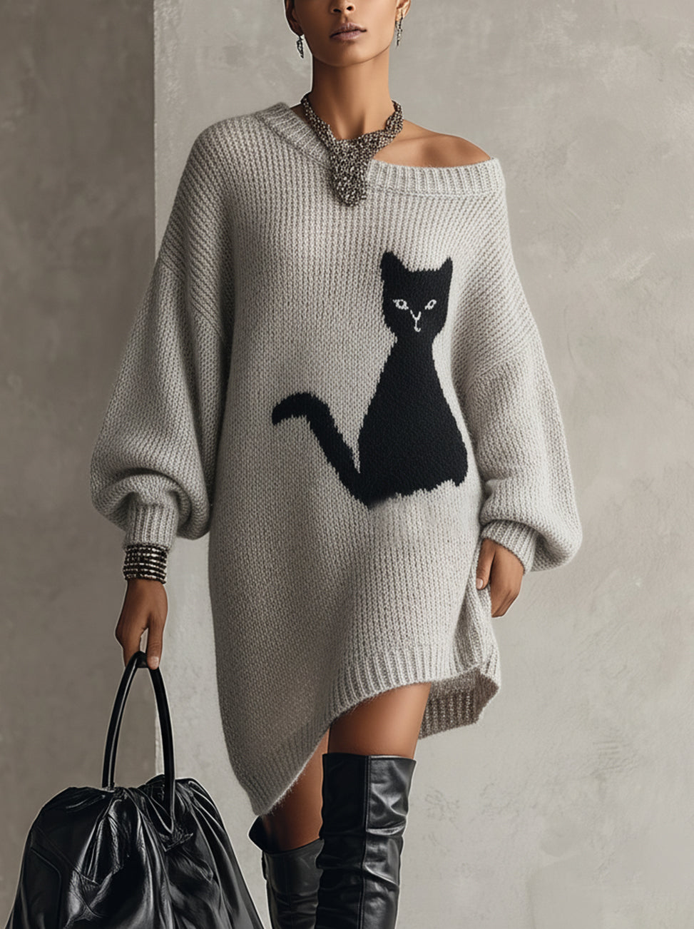 Gray Oversized Knit Sweater Dress With Black Cat Motif