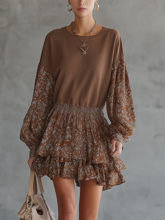 Brown Floral Print Ruffled Mini Dress With Smocked Waist And Balloon Sleeves