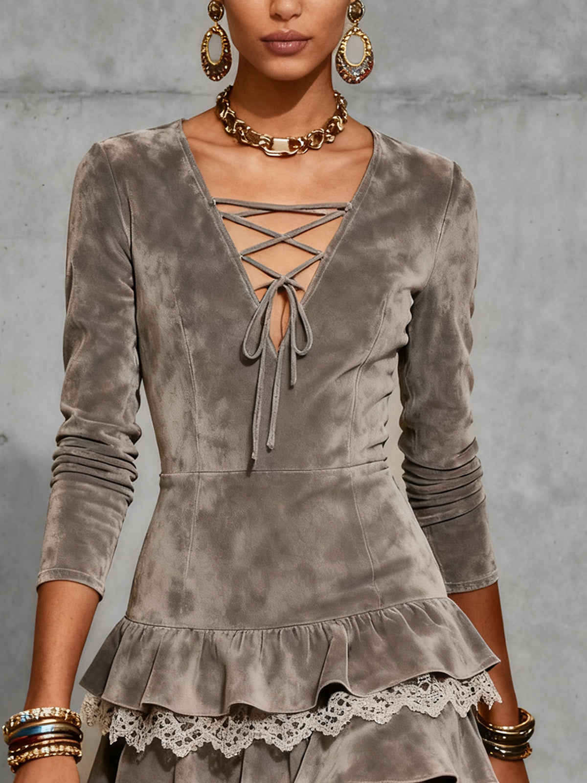 Gray Suede Lace-Up Ruffle Hem Mini Dress