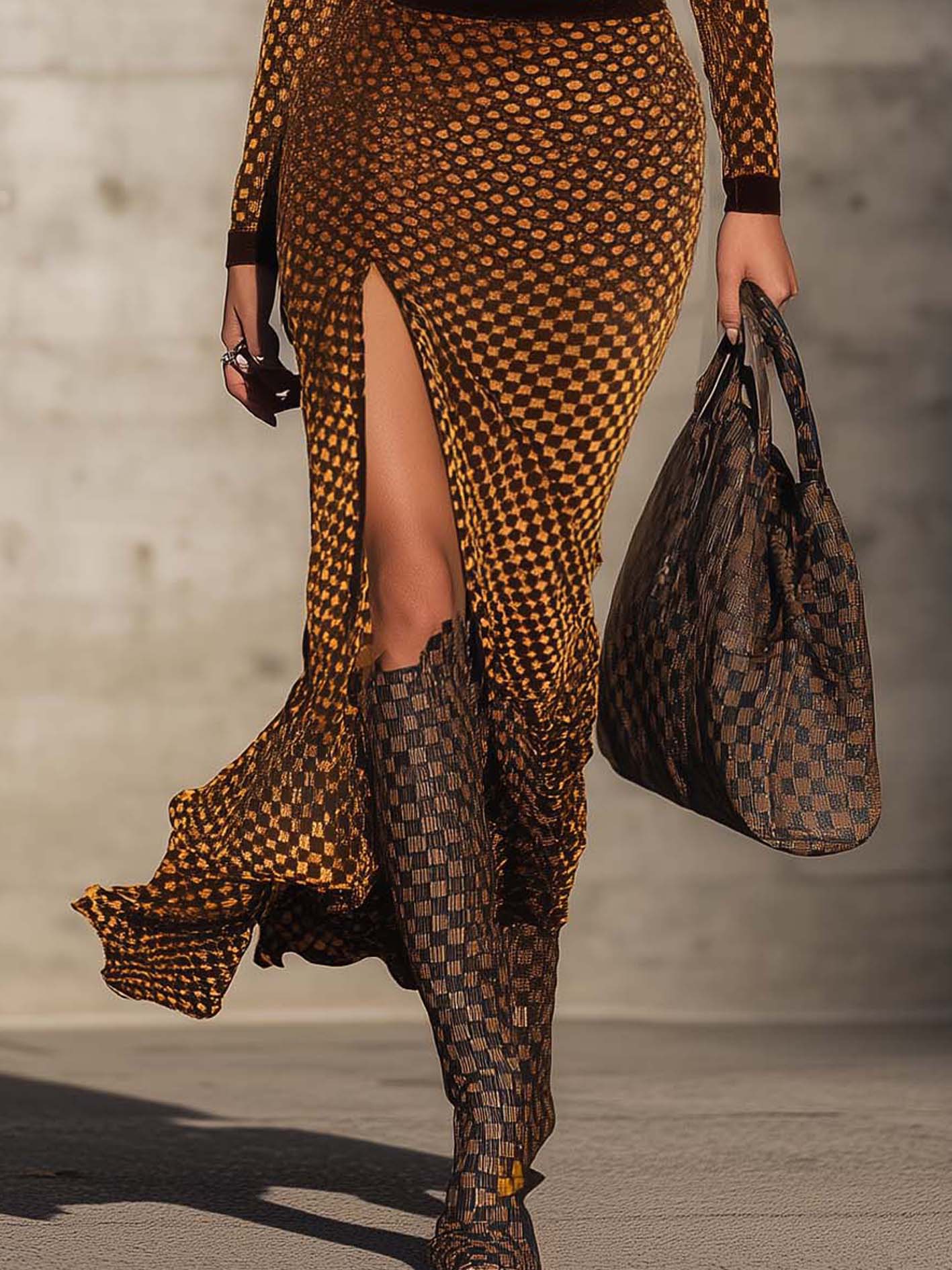 Yellow Plaid Velvet Cutout Bodycon Dress With Side Slit