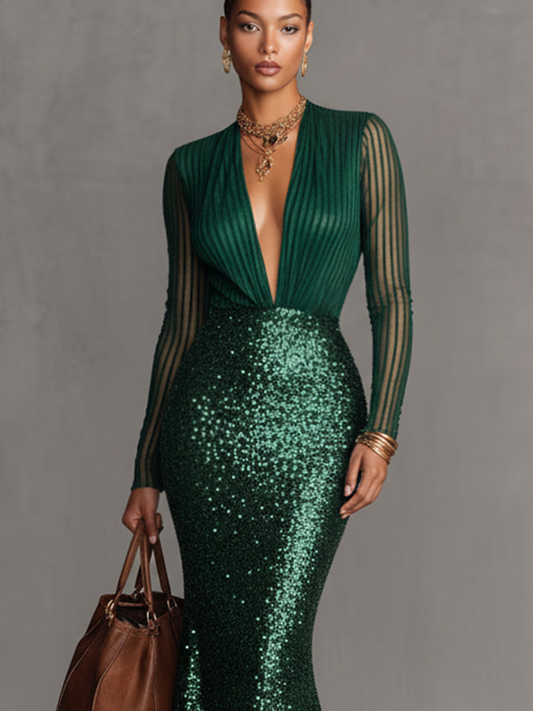 Elegant Green Sequined Velvet Mermaid Maxi Dress
