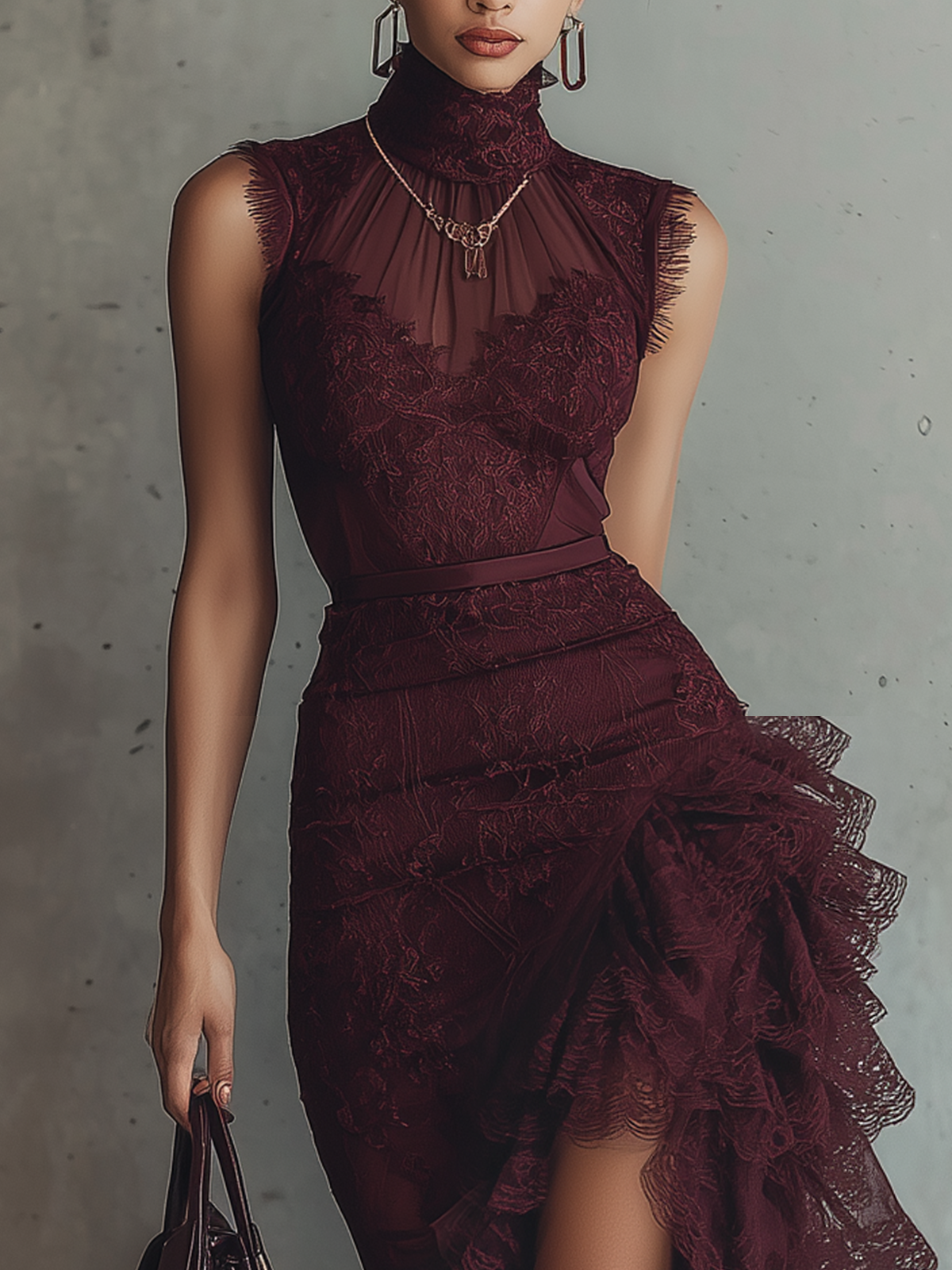 Red Lace High-Neck Ruffled Asymmetrical Evening Dress