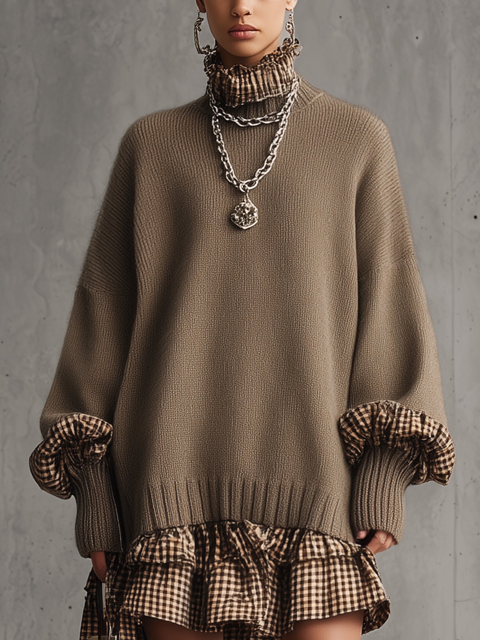 Brown Knitted Plaid Ruffle Long Sleeve Mini Dress