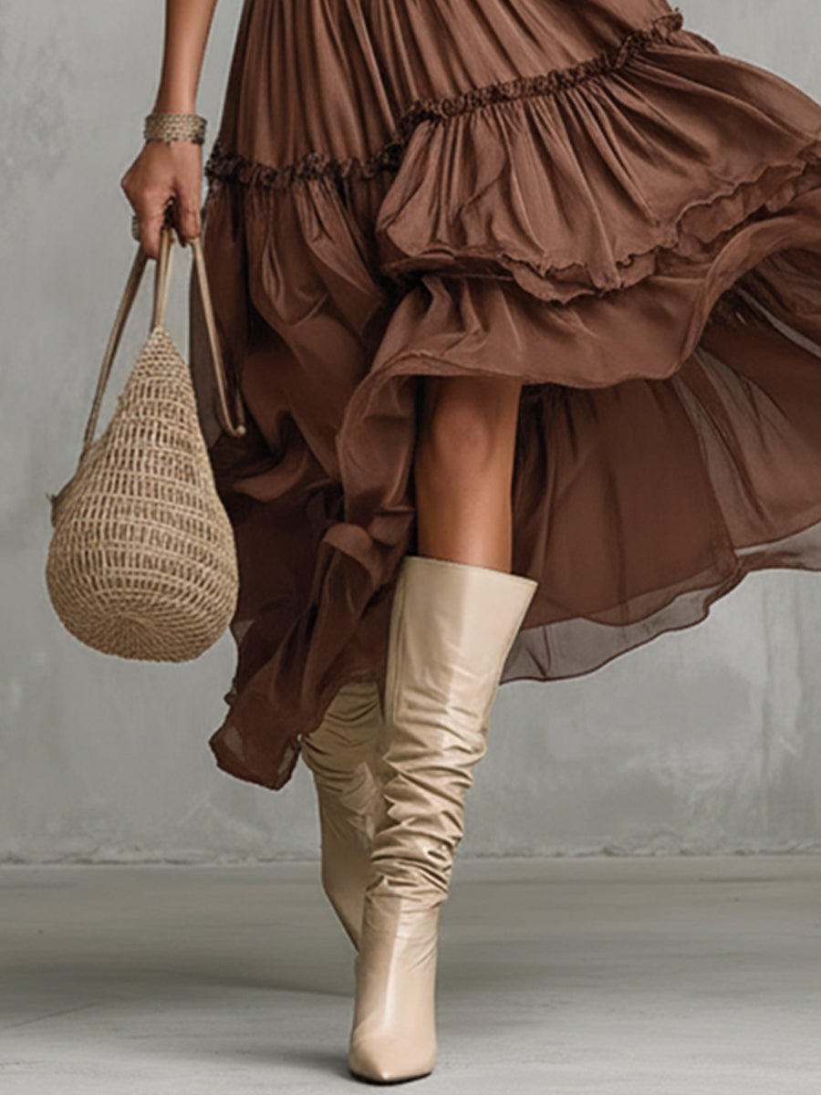 Classic Mocha Satin Midi Dress With Chiffon Hem