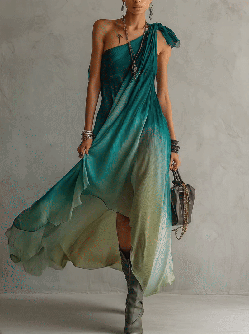 One Shoulder Ombre Green Chiffon Maxi Dress