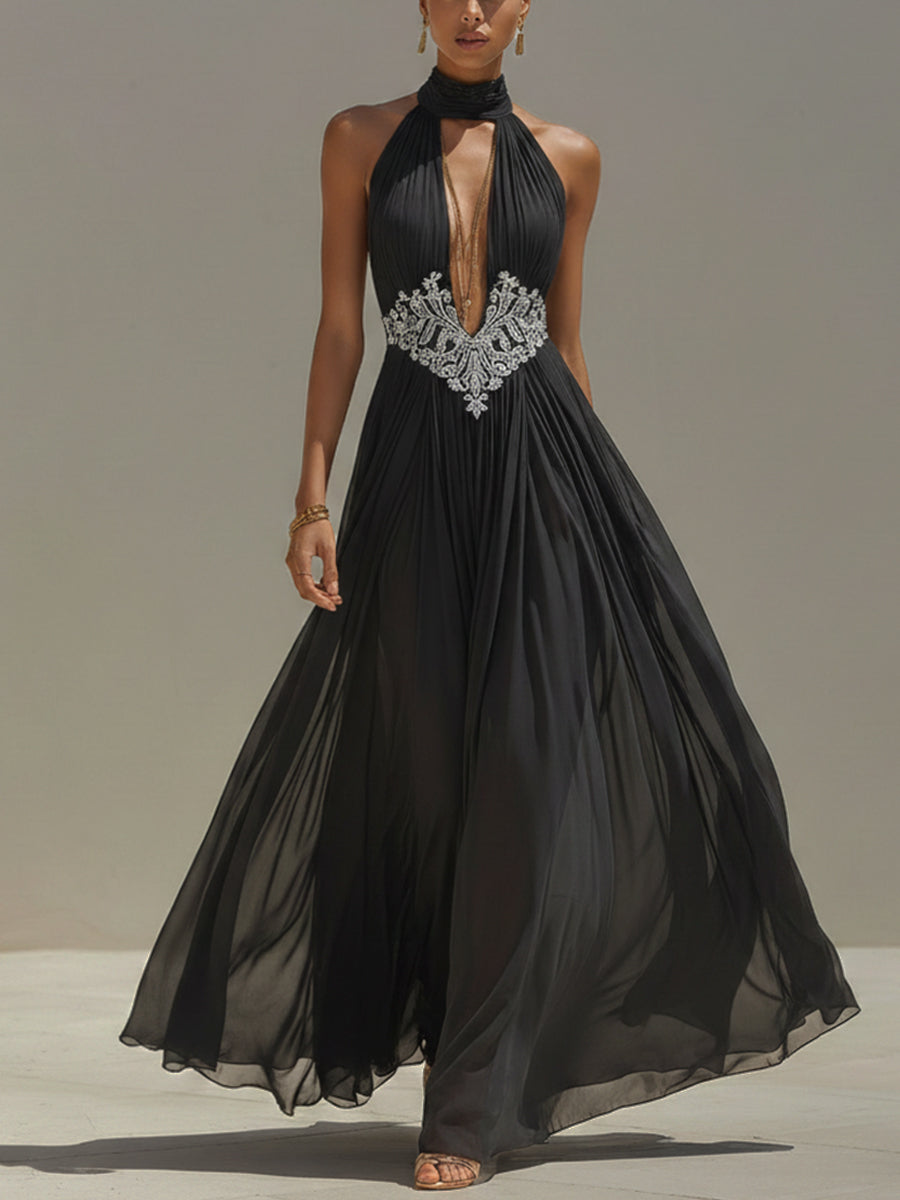Black Chiffon Embroidered Cutout Hand Sewn Maxi Dress