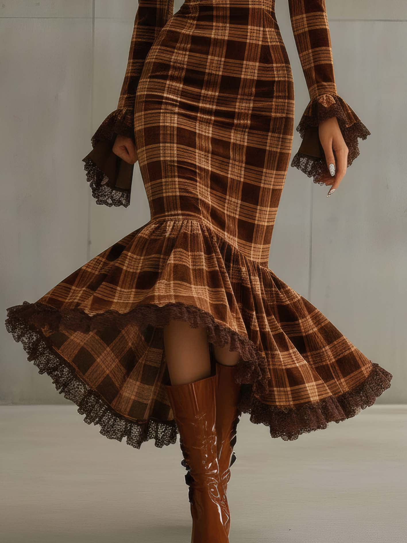 Brown Velvet Bodycon Dress With Plaid And Lace