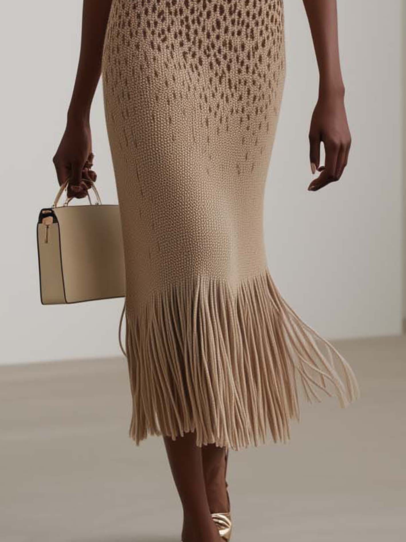 Oatmeal Knitted Midi Bodycon Dress With Leopard Print And Tassels