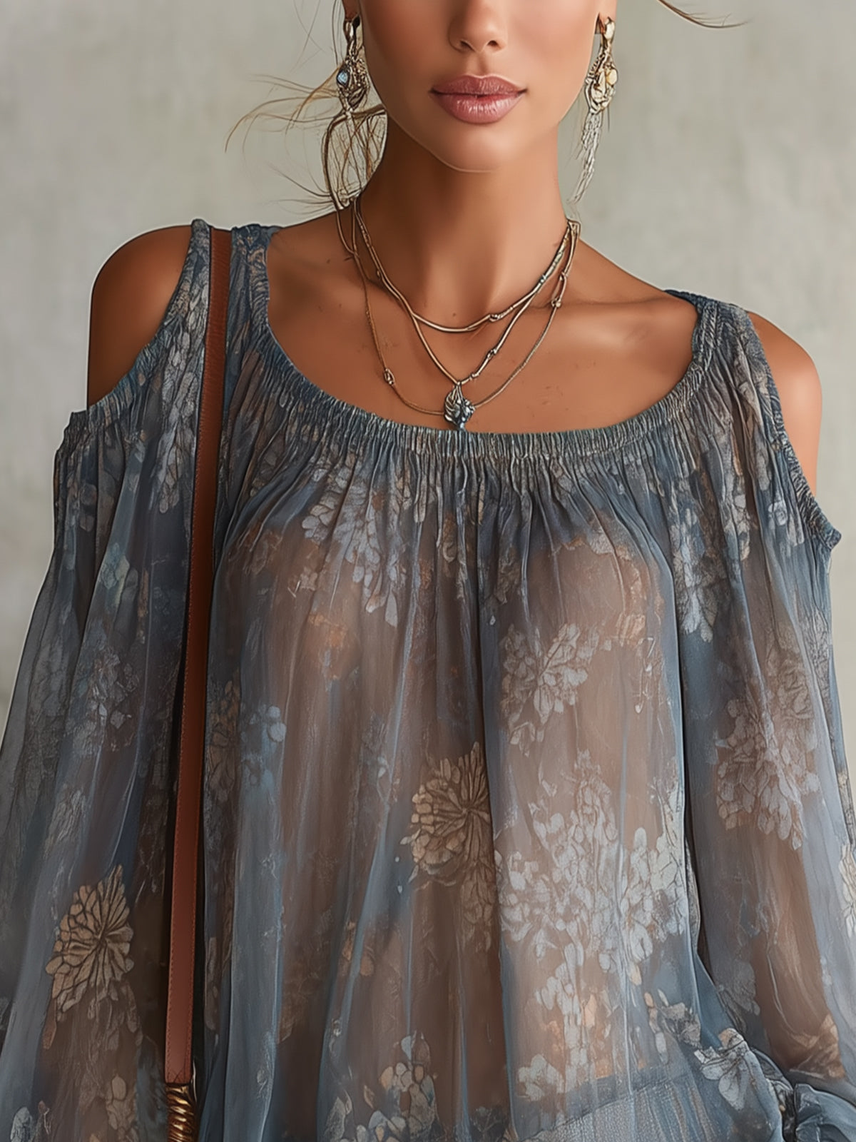 Blue Floral Sheer Chiffon Off-Shoulder Blouse