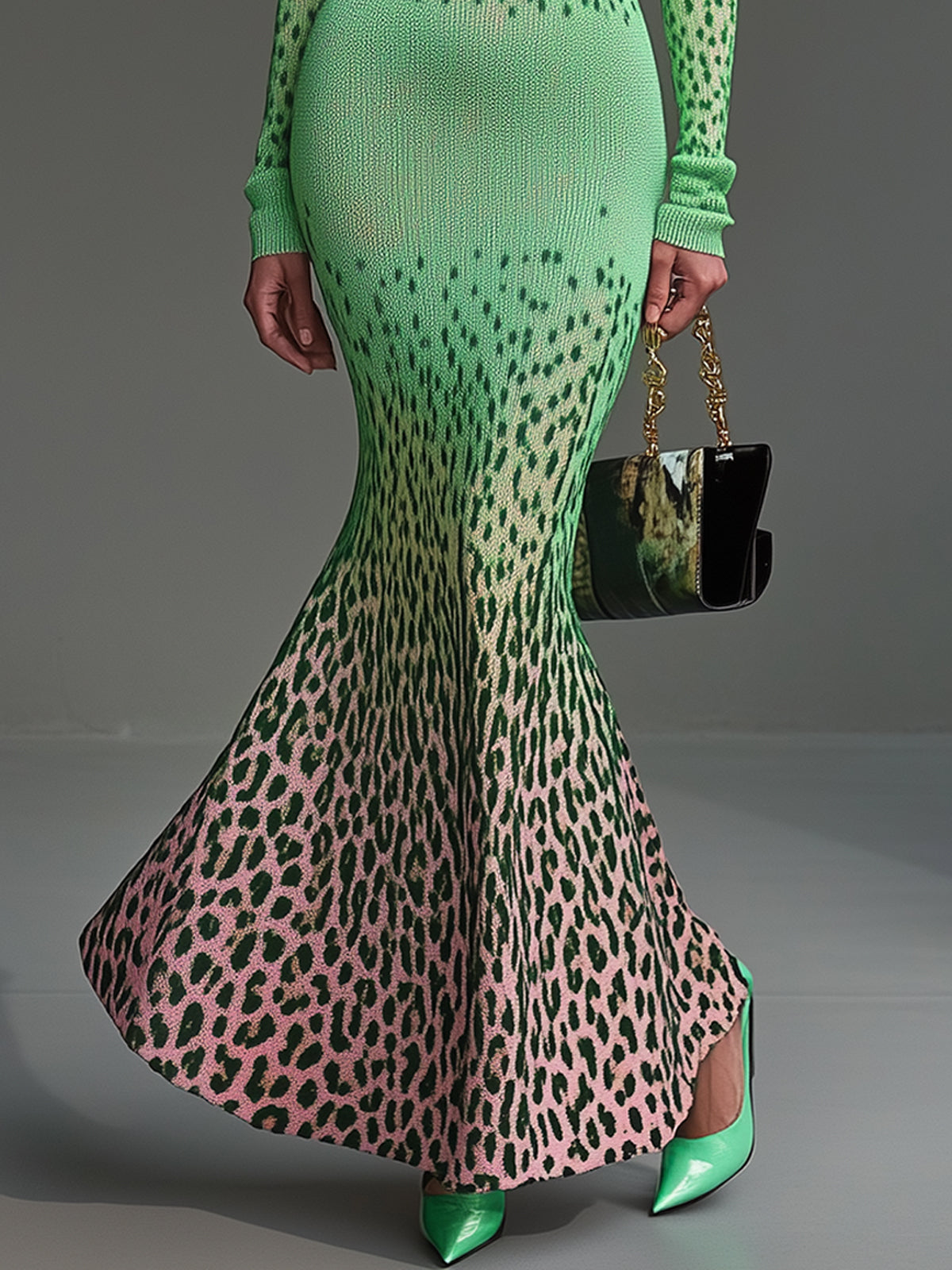 Green Gradient Leopard Print Knit Bodycon Dress
