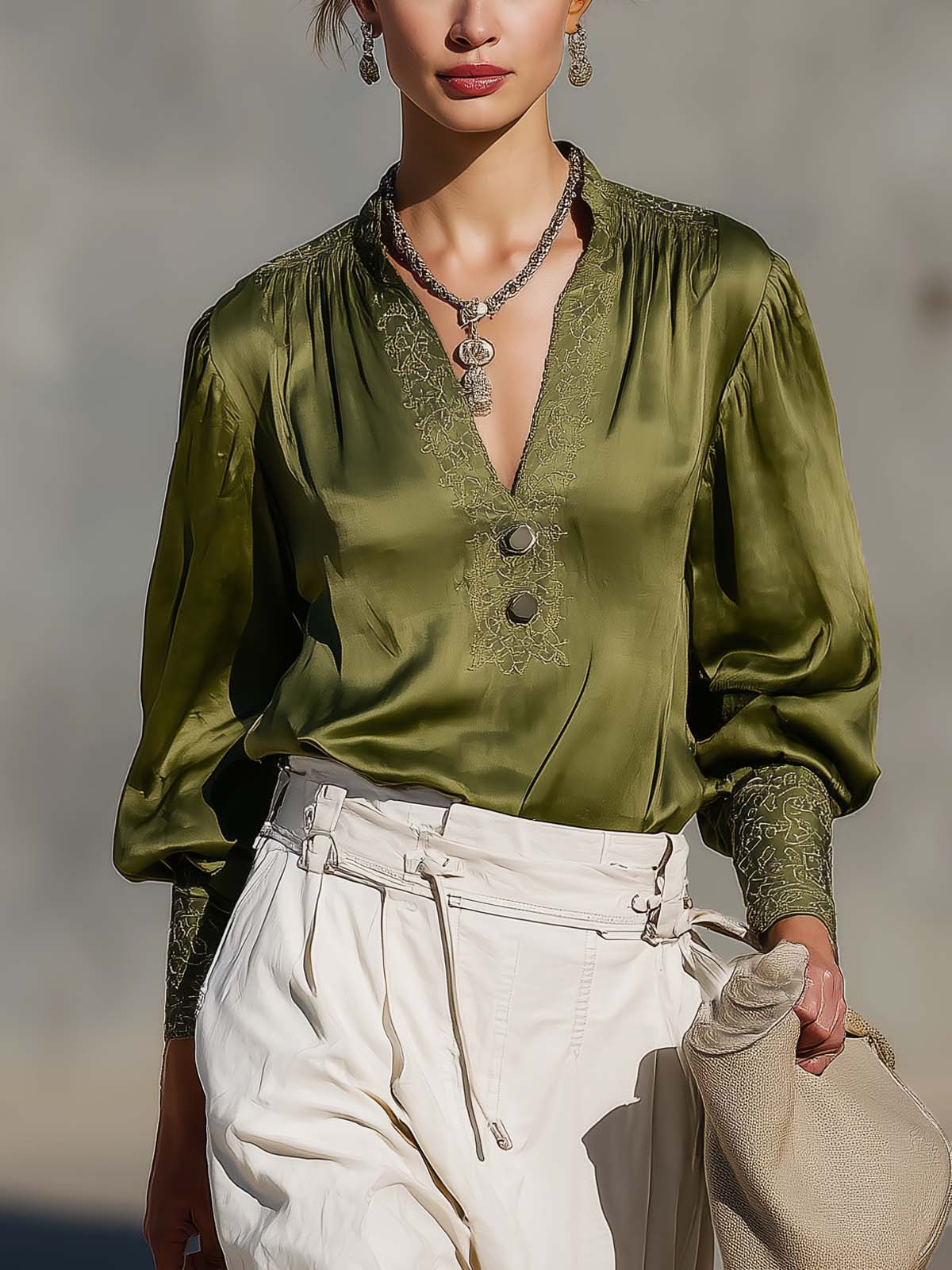 Olive Green Embroidered V-neck Double Button Shirt