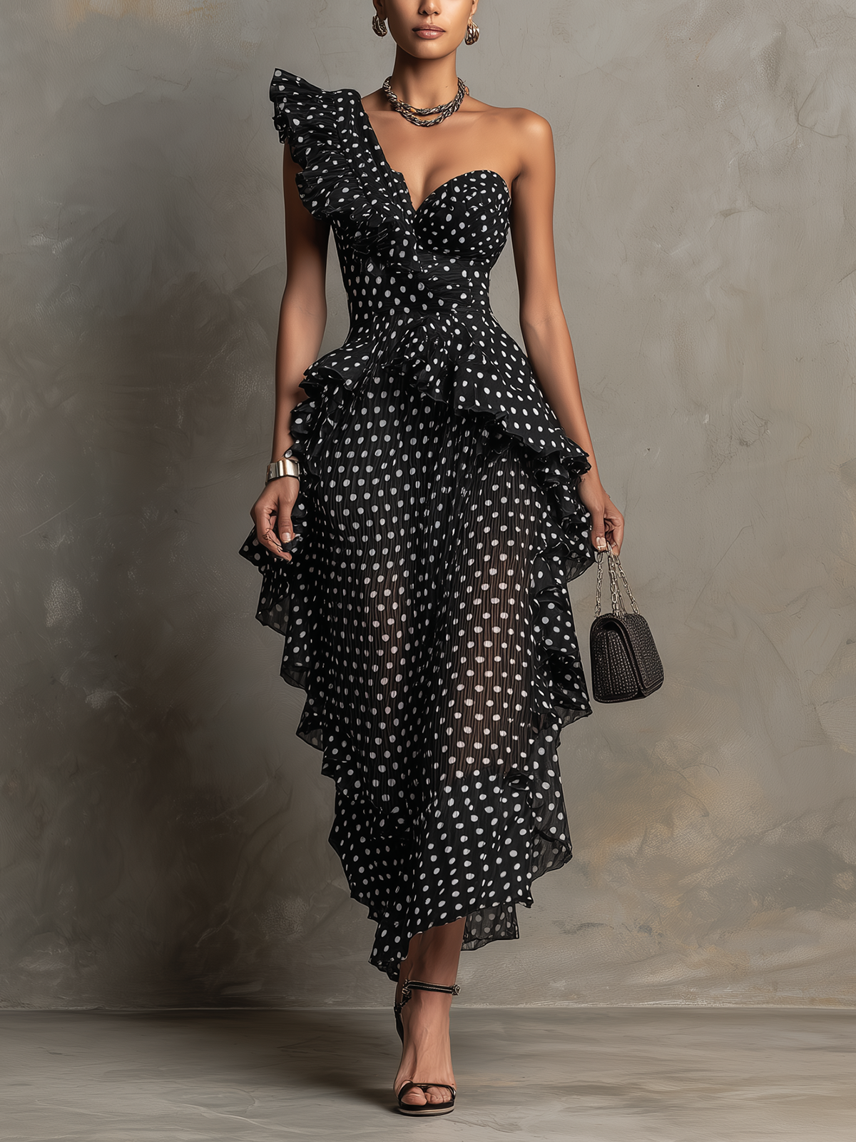 Black Polka Dot One-Shoulder Ruffled Asymmetric Midi Dress