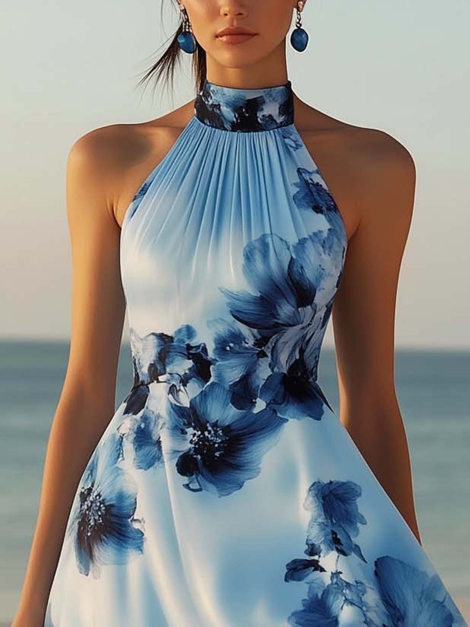 Satin Mini Dress With Gradient Flowers And Blue