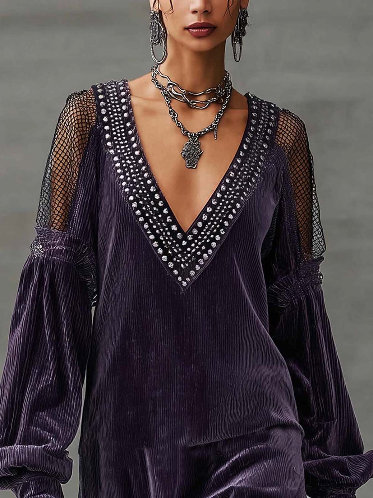 Purple Corduroy V-neck Rhinestone Embellished Mesh Tie Up Mini Dress