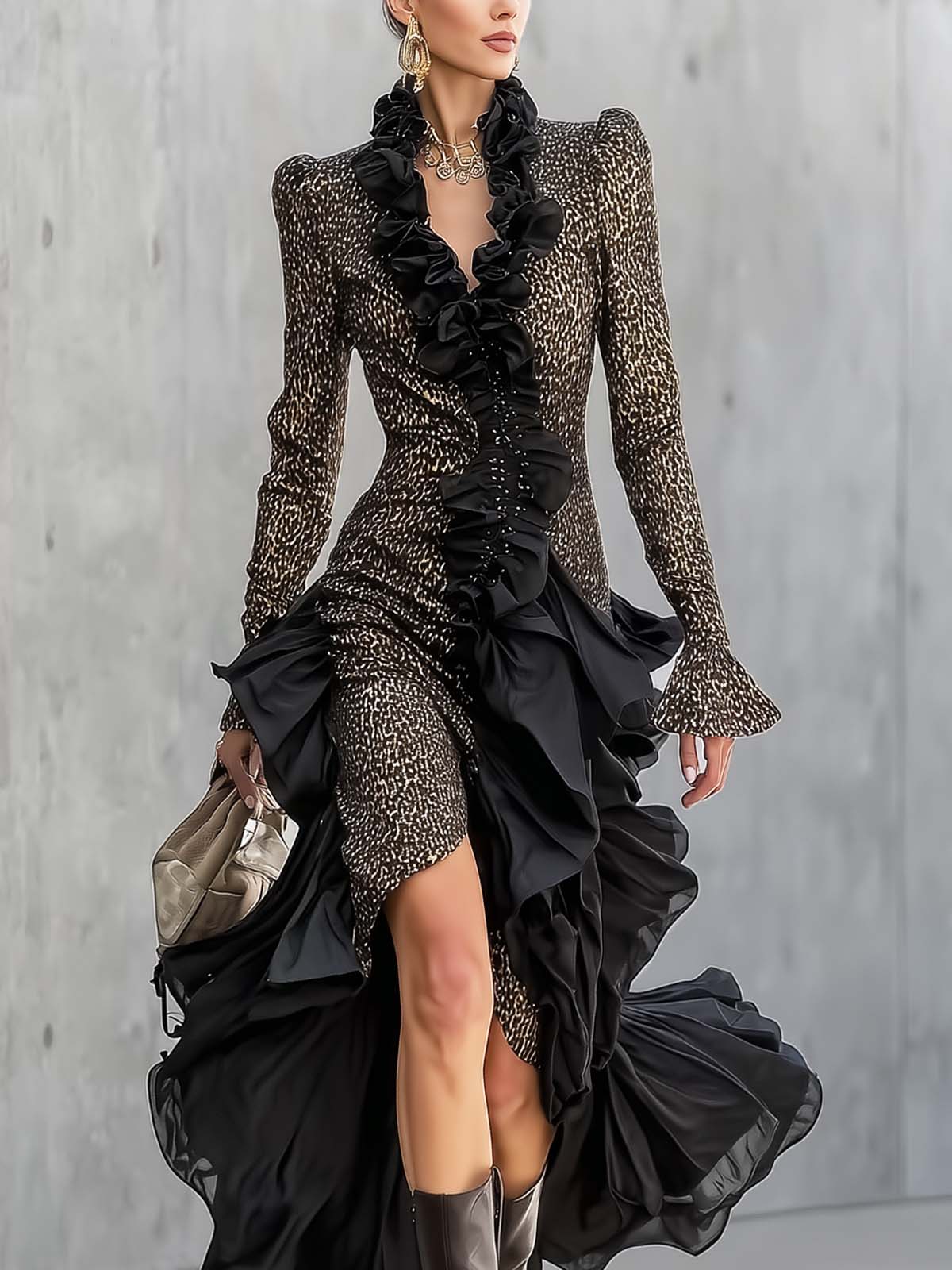 Black Faux Suede Maxi Dress With Ruffled Leopard Print And An Asymmetrical Hem